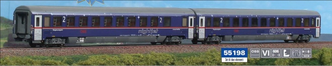 Set of two couchette cars type Bcmz  in Nightjet livery<br /><a href='images/pictures/ACME/261733_Product.jpg' target='_blank'>Full size image</a>